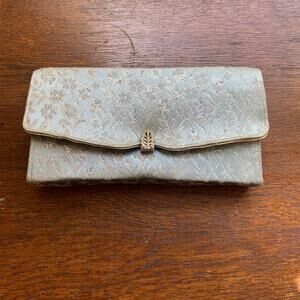 Vintage 1950s Silver Blue Floral Cloth Clutch Purse Pegi Paris